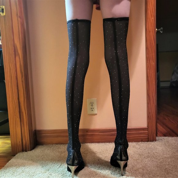 Mack J Mesh Stocking Boots Rhinestone Spatter High Heels - Picture 4 of 6